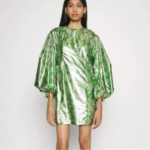 Shimmering Green Metallic Balloon-Sleeve Mini Dress